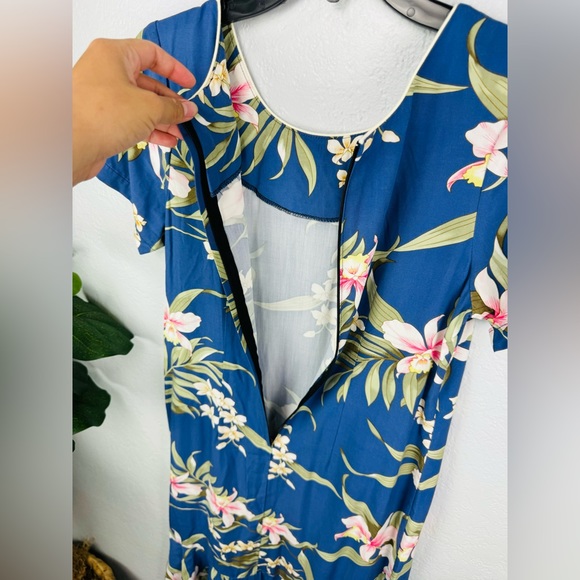 Two Palms Hawaiian Paris Orchid Floral Mermaid Pleated Midi Dress - Picture 6 of 7